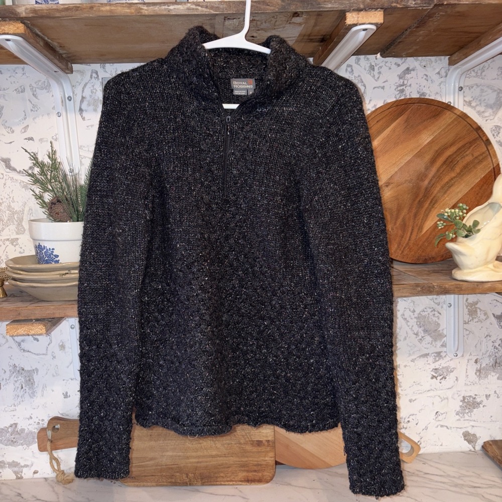 Royal Robbins Wool Blend Charcoal Fleck 3/4 Zip Pull Over Sweater Women's S